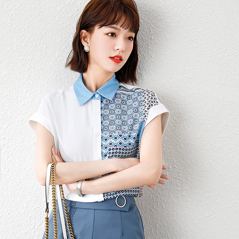 

Blouses Blusas Vetement Femme Vintage Shirts Top Camisas Mujer Commute Geometric Pattern Printing Lapel Short Sleeve