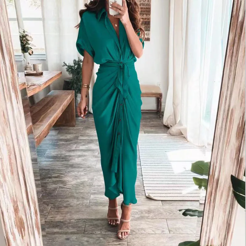

2021 New Turn-down Collar Draped Party Dresses Elegant Button Office Ladies Shirt Dress