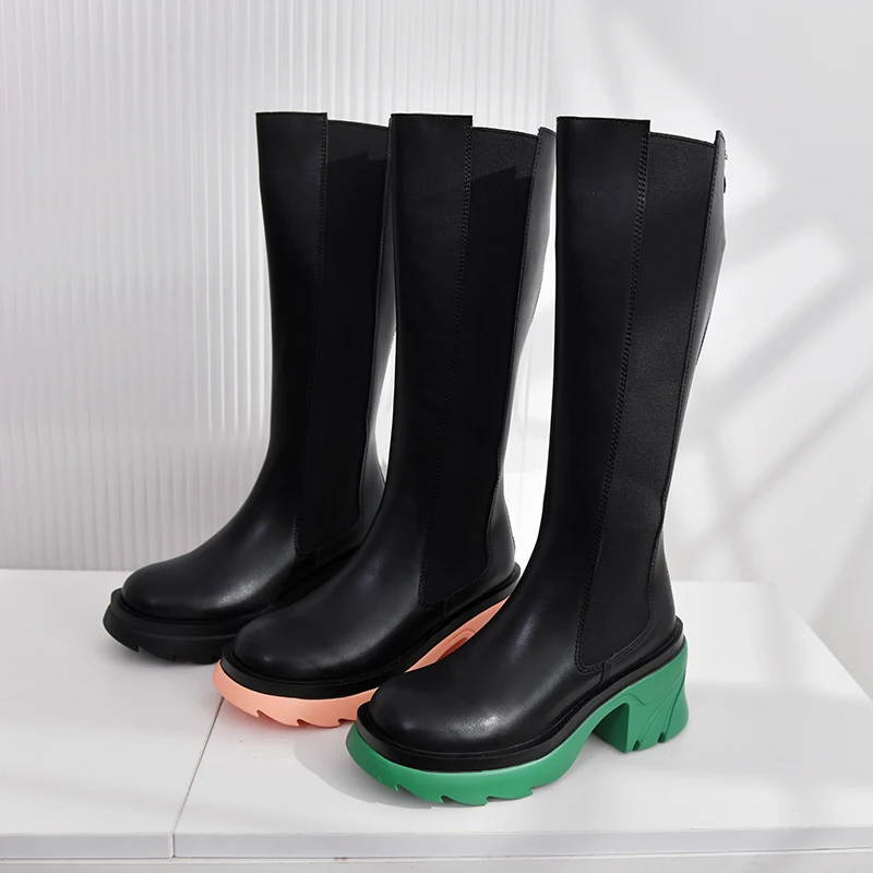 New Women's Mid-Calf High Boots Square 8cm High Heel Round Toe Thick Platform Zip Shoes Solid Casual Leisure Footwear