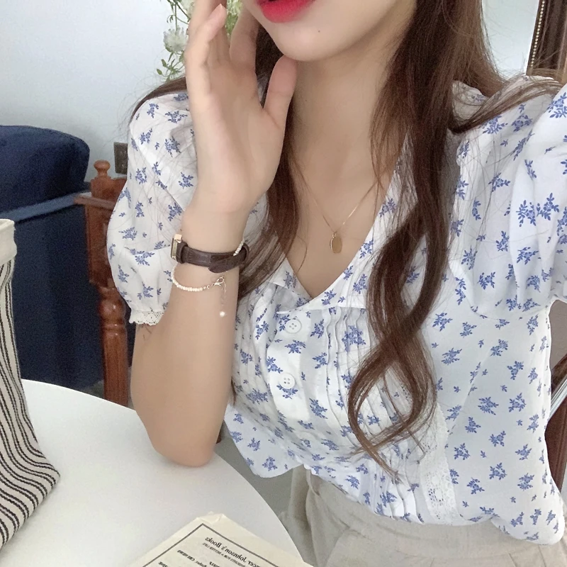 

Femme Florals Shirt Retro Gentle Lady Streetwear Basic 2021 Summer Loose-Fitting Printing Blouse Blusas Lace Pleated