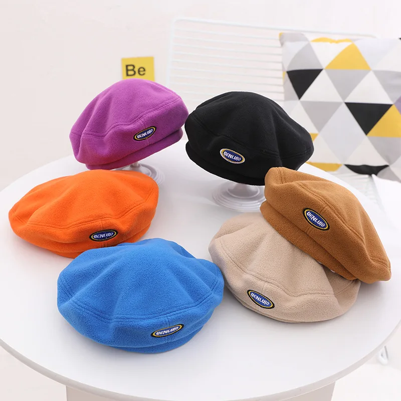 

Autumn Winter Fashion New Children's Woolen Cloth Hat 2021 Solid Color Girl Flat Top Letter Patch Berets