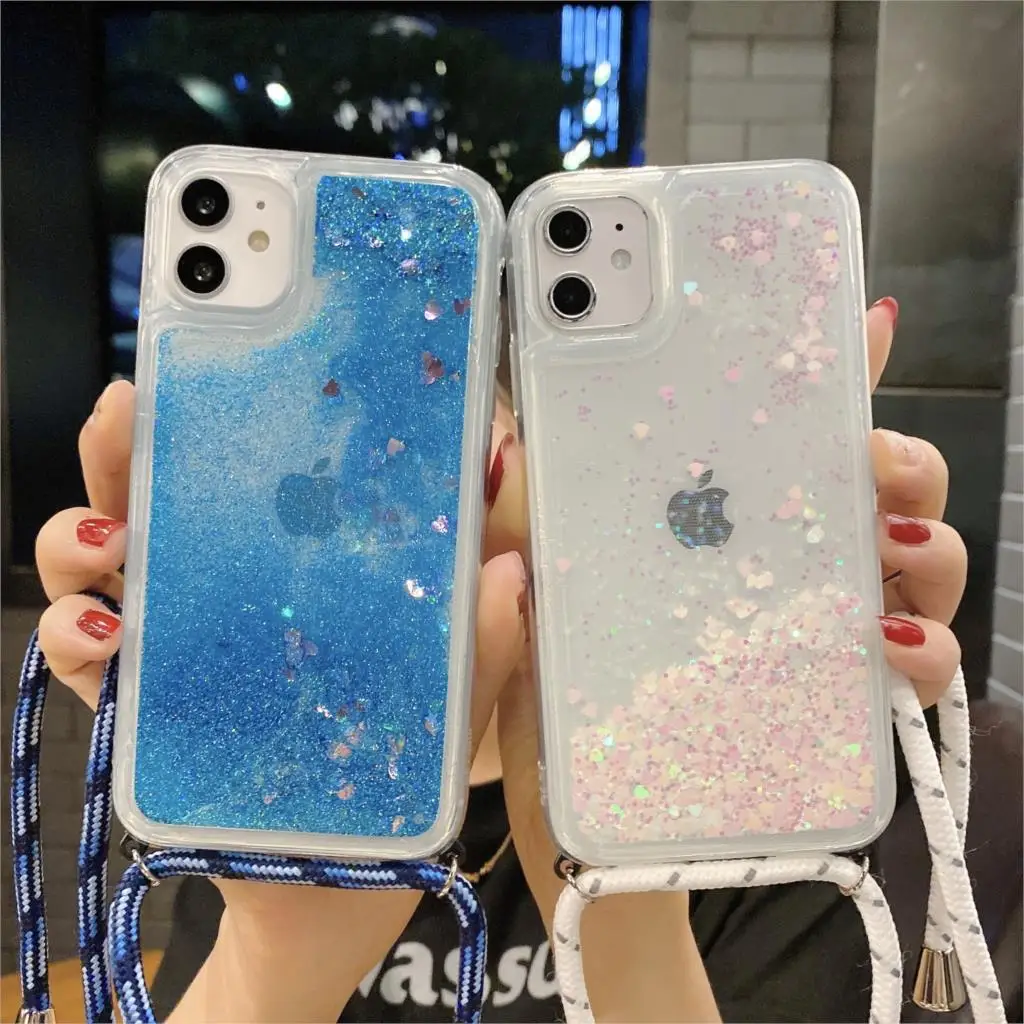 

Sequins Quicksand Rope Case For iPhone 12 mini 11 Pro Max XR X XS Max 8 7 6 6S Plus 5 5s SE Lanyard Dynamic Liquid Glitter Cover