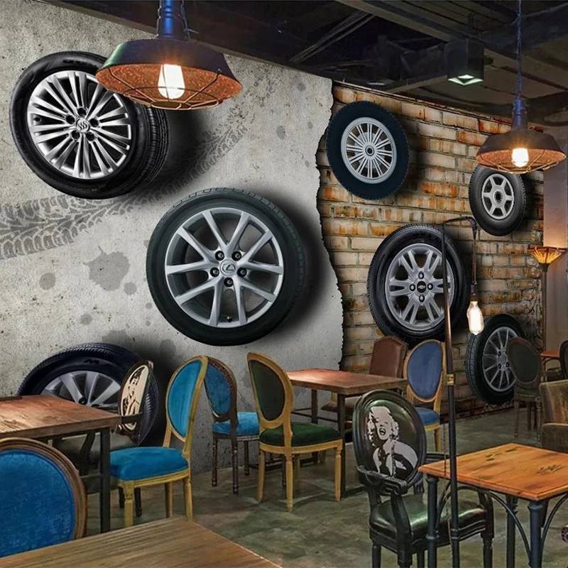

Custom Any Size Mural Wallpaper 3D Stereo Retro Nostalgic Car Tire Brick Wall Restaurant Bar Living Room TV Backdrop Home Decor