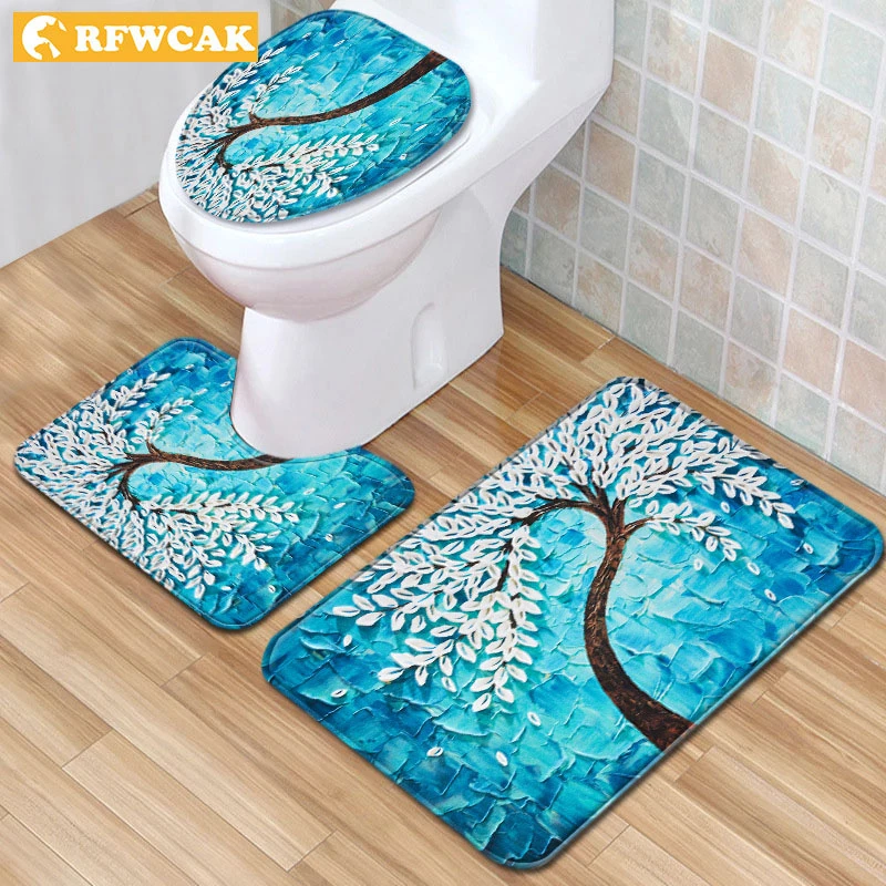 

3Pcs/set Bathroom Mat 3D Flower Printing Non-Slip Bath Carpet Doormats Toilet Seat Tank Cover Rug Christmas Decorations For Home