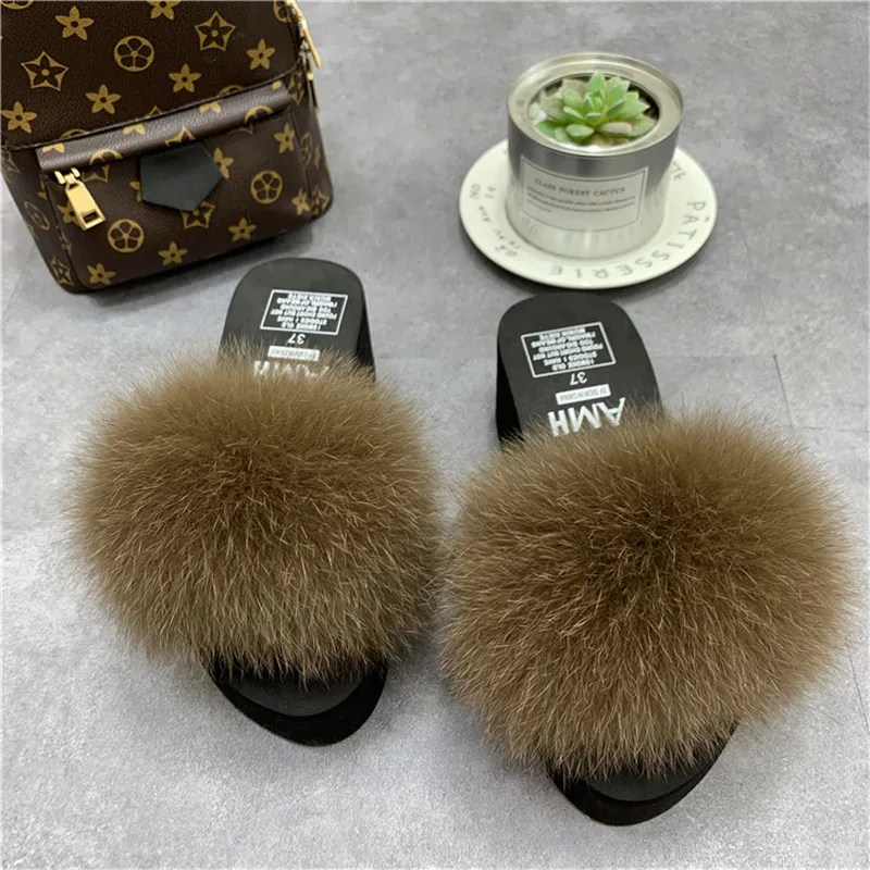 Женские шлепанцы на лисьем меху с натуральным мехом домашняя обувь пушистые
