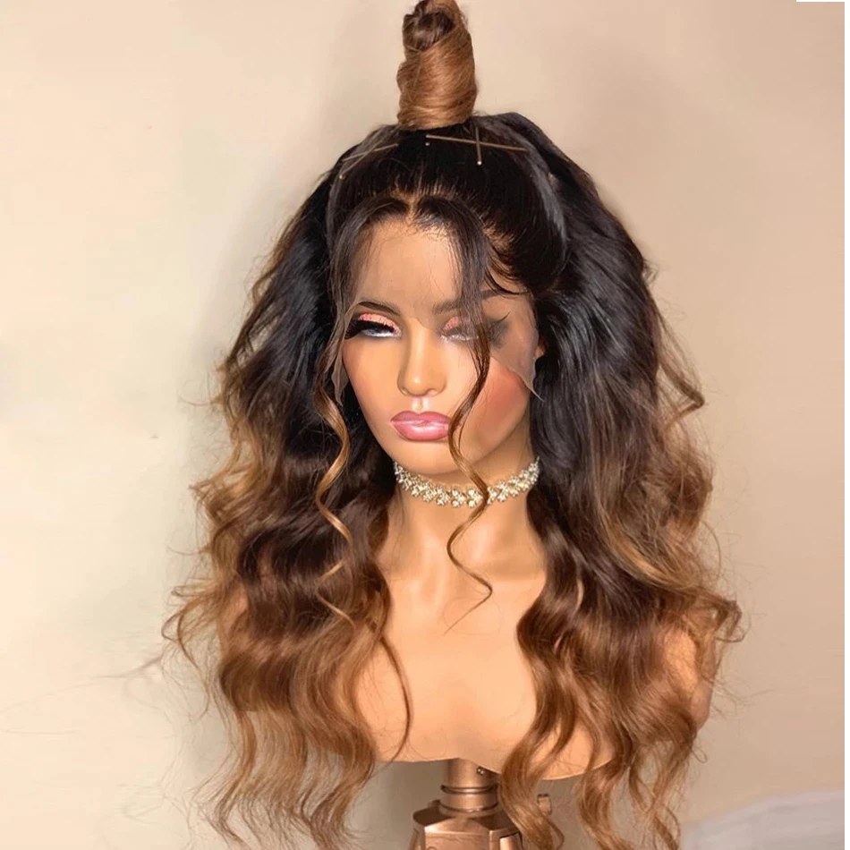 360 dantel vücut dalga gölgeli insan saçı dantel ön peruk siyah kadınlar için 180 yoğunluk 3 ton renk kahverengi sarışın hint Remy saç peruk