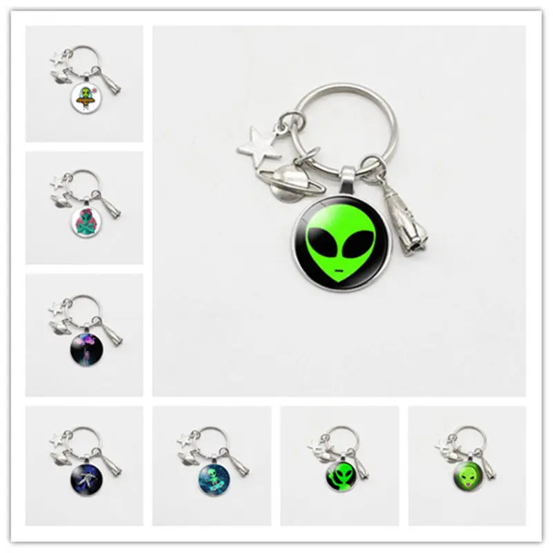 

Men's Women's Space Astronaut Alien Glass Keychain Star Rocket UFO Metal Car Key Ring Pendant Jewelry Gift