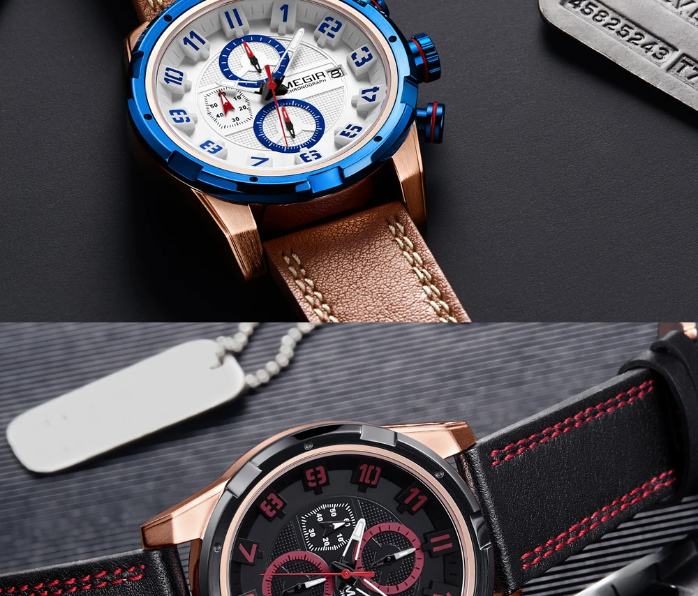 Мужские часы MEGIR, креативные спортивные часы с хронографом, кожаные кварцевые мужские наручные часы, армейские военные наручные часы, Relogios