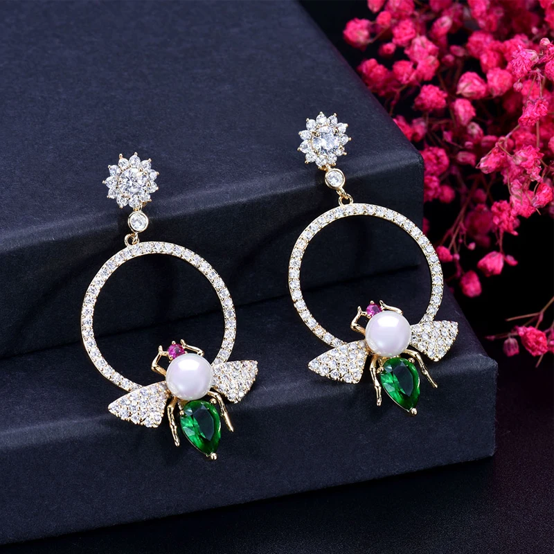 ANGELCZ милые большие круглые серьги-подвески с жемчугом в виде пчелы золотые