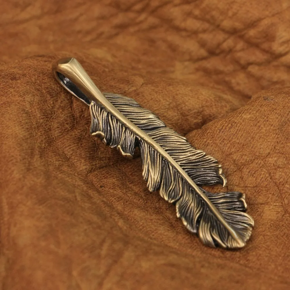 

LINSION Brass Feather Pendant High Details Mens Biker Rock Punk Jewelry BR52 JP