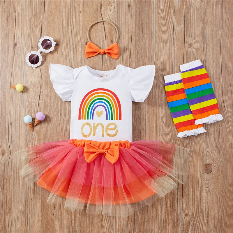 

4pcs Toddler Baby Girls Cotton Clothes Sets,Summer Rainbow Flared Short Sleeves Romper+Tutu Skirt+Leg Warmer+Headband,6-18Months