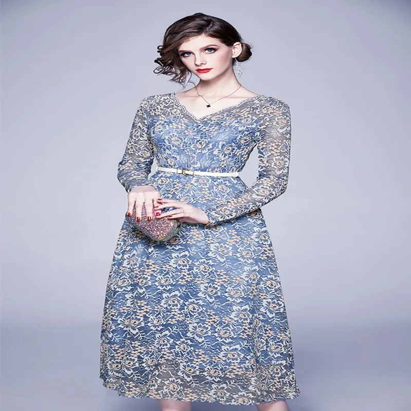 Женское ажурное платье элегантное винтажное кружевное с широкой юбкой весна 2019 |