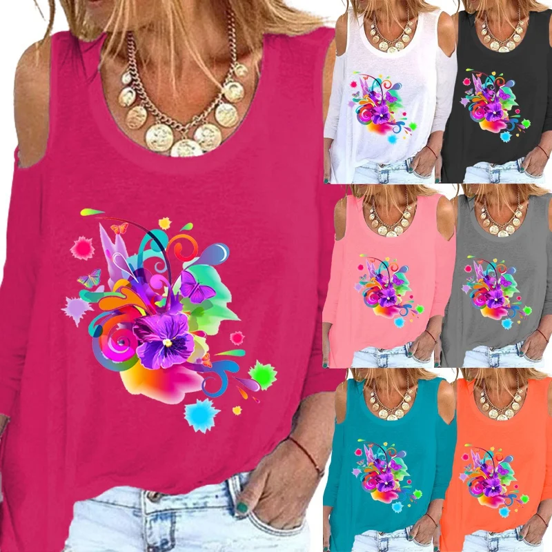 

Women Autumn Fashion Casual Floral Printed Round Neck Long Sleeved Shirts & Tops Loose Ladies Off Shoulder T-shirt Blouse