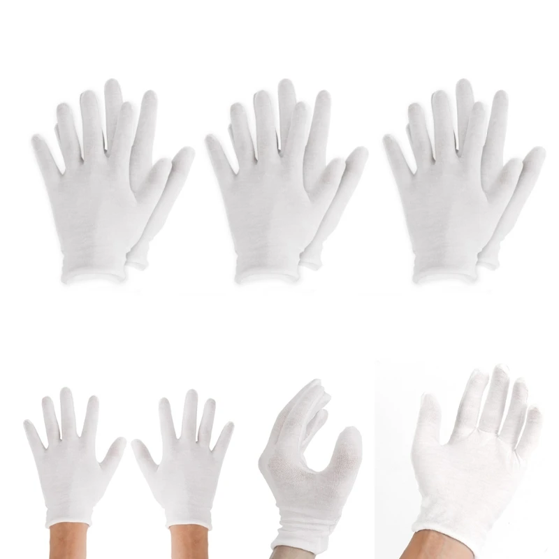 

6/12 Pairs White Cotton Full Finger Gloves Mittens for Work Jewelry Inspection