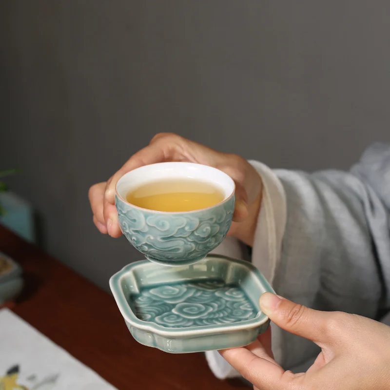 Xiangyun-taza de t&eacute; exquisita en relieve, juego de t&eacute; de cer&aacute;mica, almohadilla de aislamiento t&eacute;rmico, accesorios de Ceremonia de t&eacute; de Kung Fu de Color puro, regalo-5