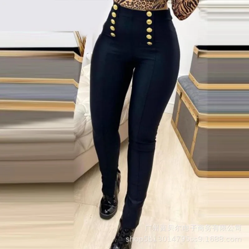 

2021 new button-decorated high-waisted skinny trousers