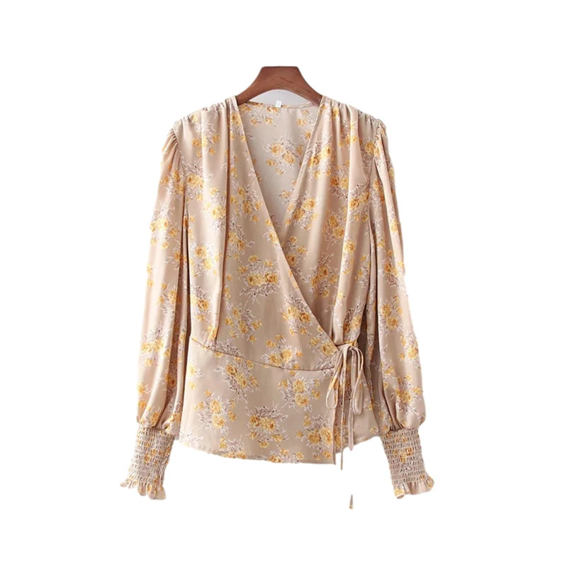

Spring Fashion Ladies Lantern Sleeve Blouse Female Elegant Tops Vintage Woman Camel Soft Printed V Neck Sashes Blouses