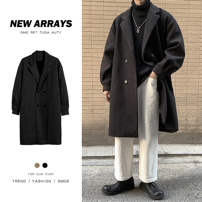 Мужское шерстяное пальто свободное однотонное в японском стиле теплая куртка на