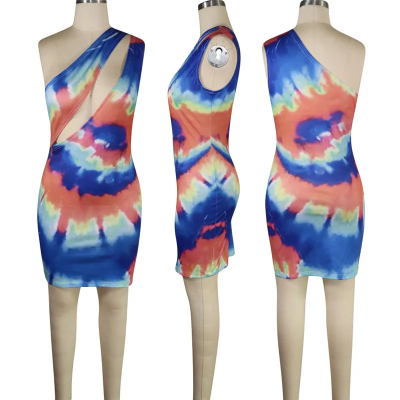 

CHRONSTYLEWomen Dress Sexy One Shoulder Fashion Tie-dye Print Hollow Out High Waist Sleeveless Party Tank Dress Summer 2021 New