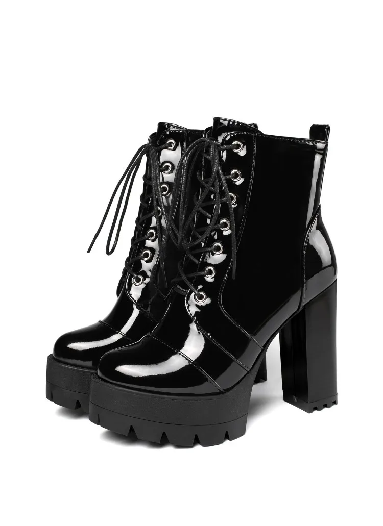 

2021 Thick High Heeled Female Patent Leather Ankle Boots Round Toe Lace-up Zipper Women Short Boots Gothic Women Shoes 11.5cm