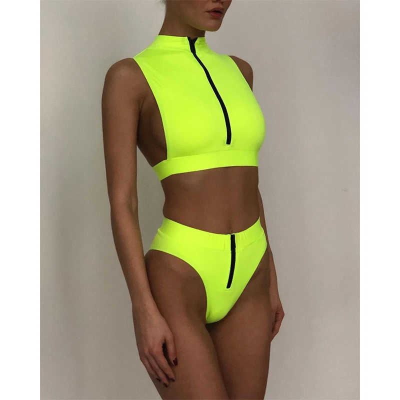 

Women 2021 Mujer New Solid Badysuit Swimwear ATUOH Sexy Neon Pink One Piece Swimsuit High Cut Beachwear