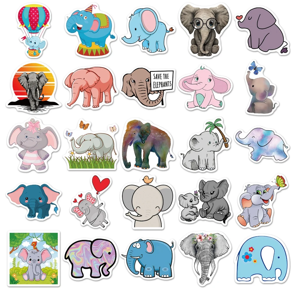 10/30/50PCS Elephant Stickers Cute Cartoon Animals Sticker Anime Pack for Skateboard Phone Guitar Car Laptop Fridge Kid Toys - купить по