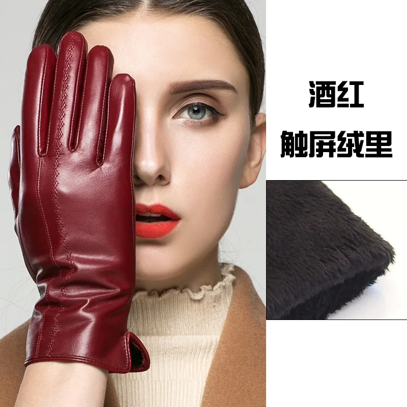 winered velvet touch Перчатки из натуральной кожи женские зимние тачскрин могут быть дополнительно бархатные утепленные высококачественные кожаные женские перчатки из козьей кожи K33 - Цвет: winered velvet touch