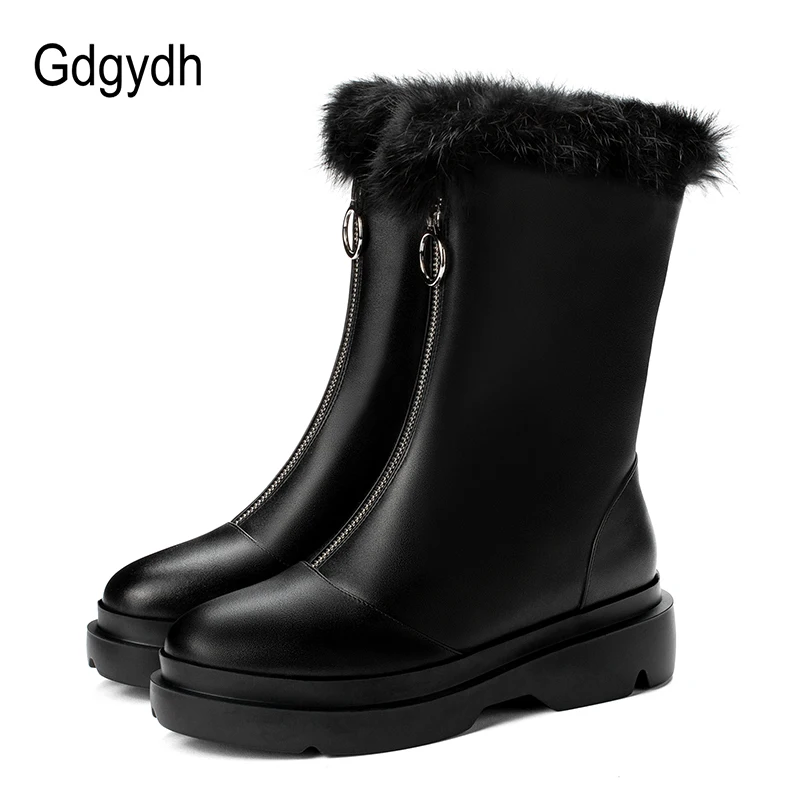 Gdgydh Long Plush Inside Leather PU Snow Boots Plush Boots Women Warm Natural Fur Winter Boots Female With Zipper High Quality