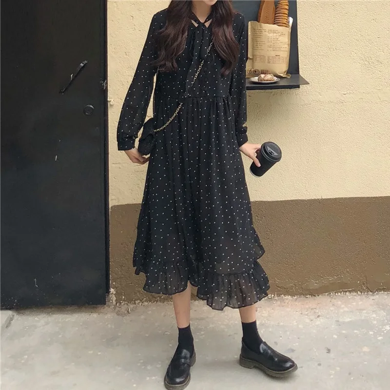 

Elegant Polka Dots Print Women Chiffon Dress 2021 New Autumn Vintage Loose Long Dress Chic Lace-up Female A-line Vestidos femme