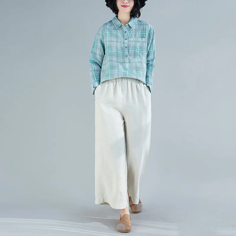 Spring and summer 2020 new solid color large size cotton and linen wide-leg pants women