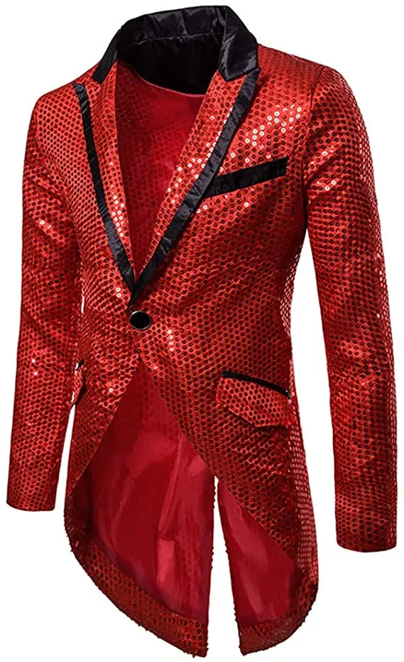 Fashion Red Mens Sequin Tailcoat Swallowtail Suit Jacket Costume Homme Party Show Dress Terno Masculino One Tuxedo Coat Only | Мужская