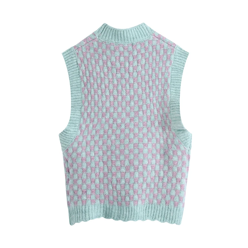 

Spring and Autumn Women's Casual Plaid Round Neck Sleeveless Knitted Vest
