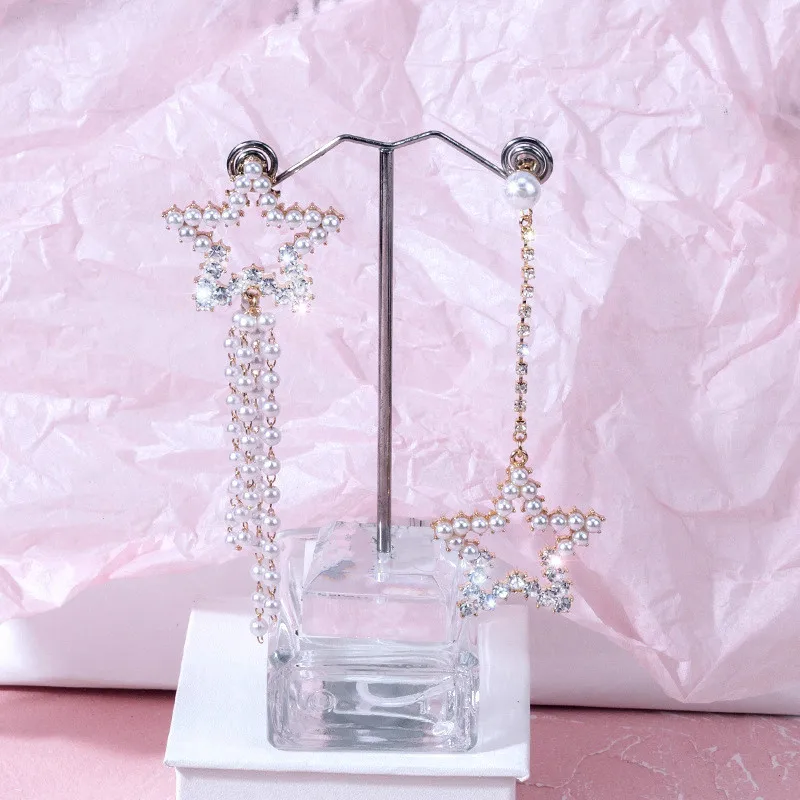

Fashion Asymmetric Pearl Star Tassel Long Earrings Temperament Crystal Earring Night-club Jewelry