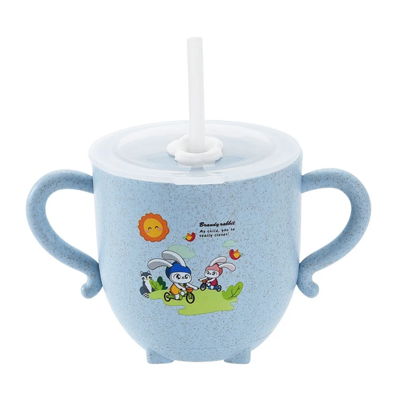 

Baby Drinking Cups Environmental Wheat Straw Cute Child Feeding Cup With Double Handle Lid And Straw Infant Training Cup MBG0545