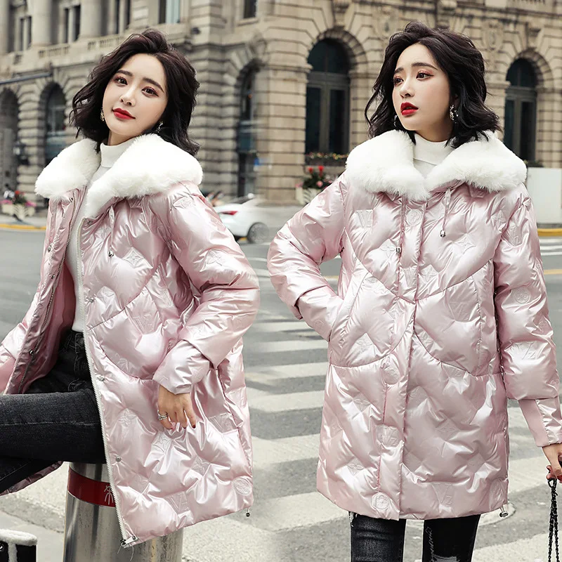 

Glossy mid-length cotton-padded jacket women Korean style loose and thick down cotton-padded jacket fashion lapel bread jacket