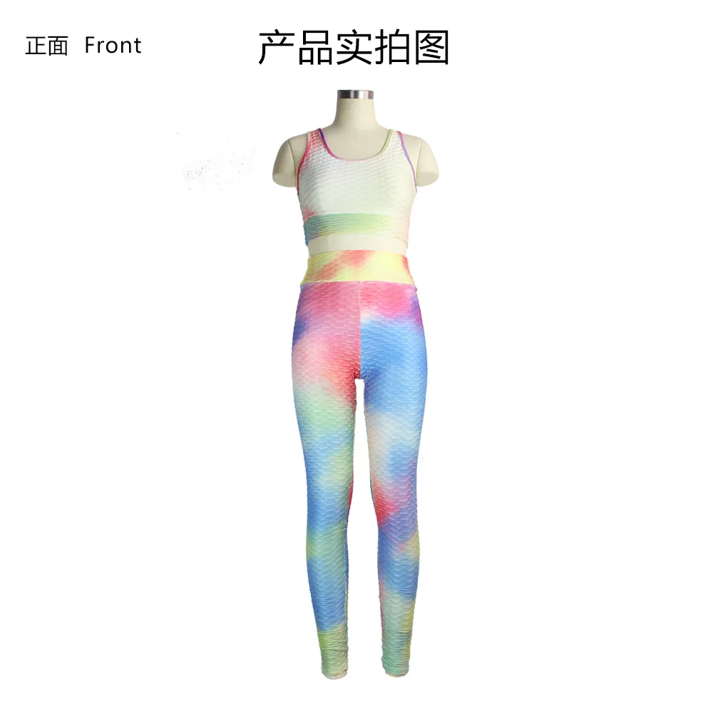 Summer new casual tie dye print sports two piece suit fashion slim fit o-neck sleeveless suspender vest and trousers women's set |