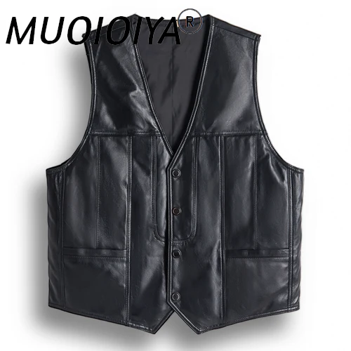 

MUOIOYIA Genuine Sheepskin Leather Jacket Men's 98% White Duck Down Coat Male Short Leather Coats Sleeveless Ropa Hombre SQQ721
