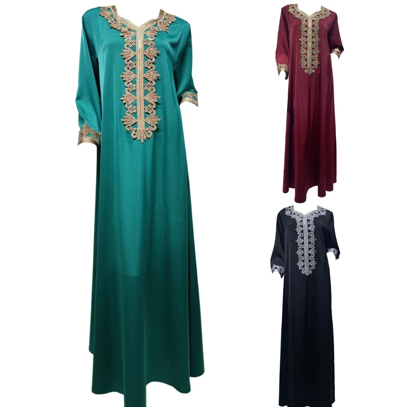 

Women Elegant Ethnic Embroidery Gilding Jalabiya Muslim Dubai Arabic Kaftan Robe