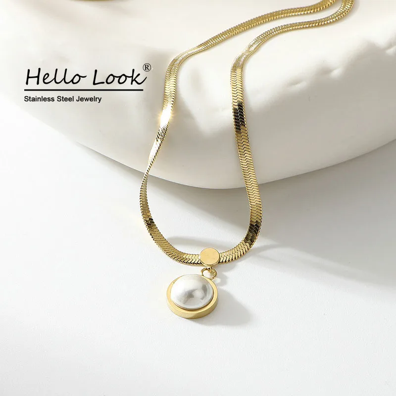 

HelloLook Flat Snake Chain Necklace for Girls Luxury Round Pearl Pendant Necklace Stainless Steel Collar Neck Jewelry