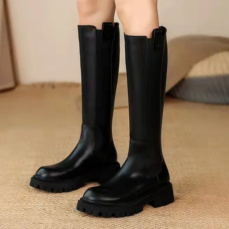 New Fashion Plus Size 34-43 Genuine Leather Knee High Boots Women Zip Square Heels Brand Winter Boots Female Chunky Ladies Botas