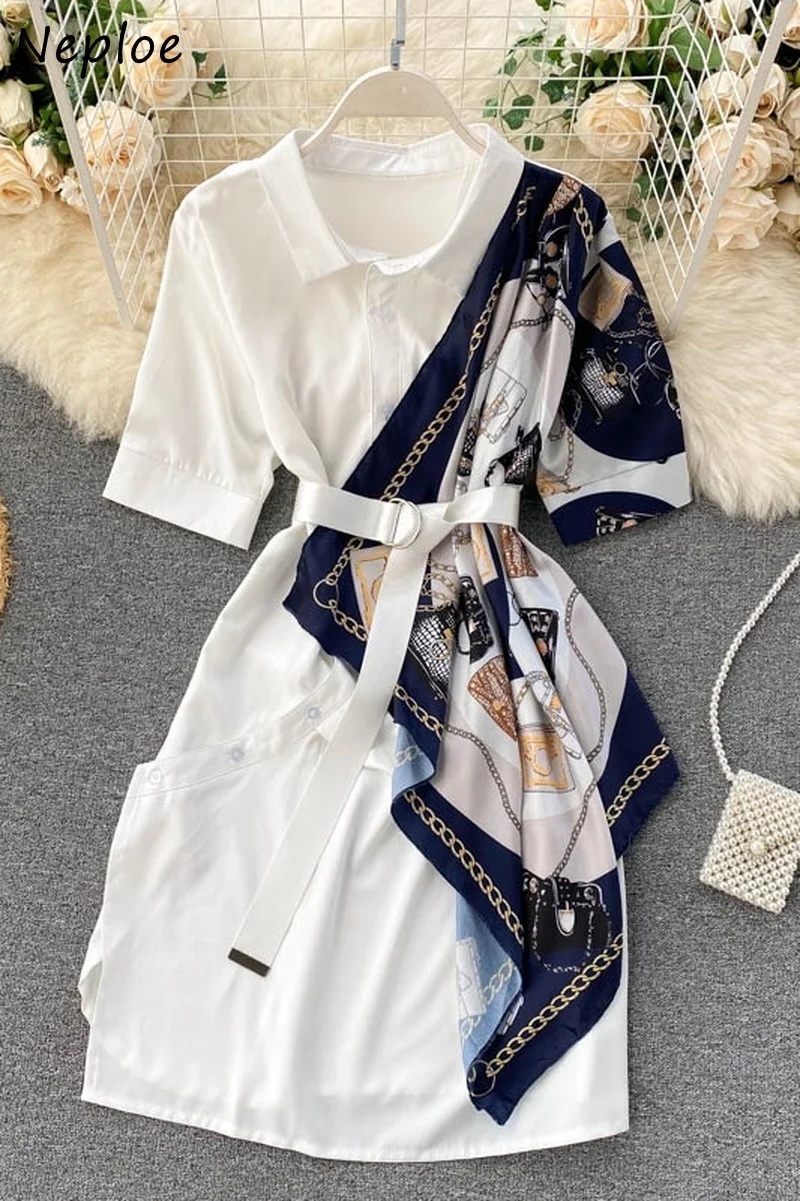 

Neploe Chic Print Patchwork Elegant Women Dress A-line Irregular Simple Femme Dresses Turn-down Collar Drawstring Vestidos 1D849