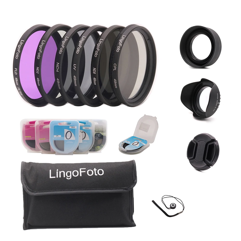 

Lens Filter Accessory Kit for Camera Lenses: UV CPL FLD ND2 ND4 ND8 Filter Set, 6 Pocket Filter Pouch, 2 Lens Hood, Lens Cap