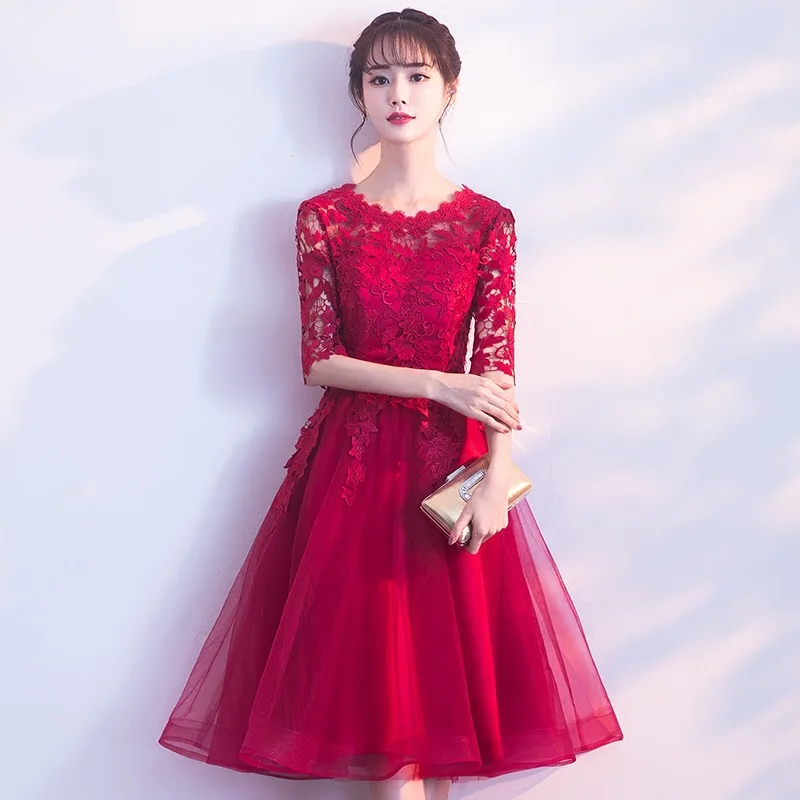

New Special Occasion Dresses Burgundy Appliques O-Neck Empire Half Sleeves A-Line Pleat Knee-Length Elegant Lady Prom Gown E1093