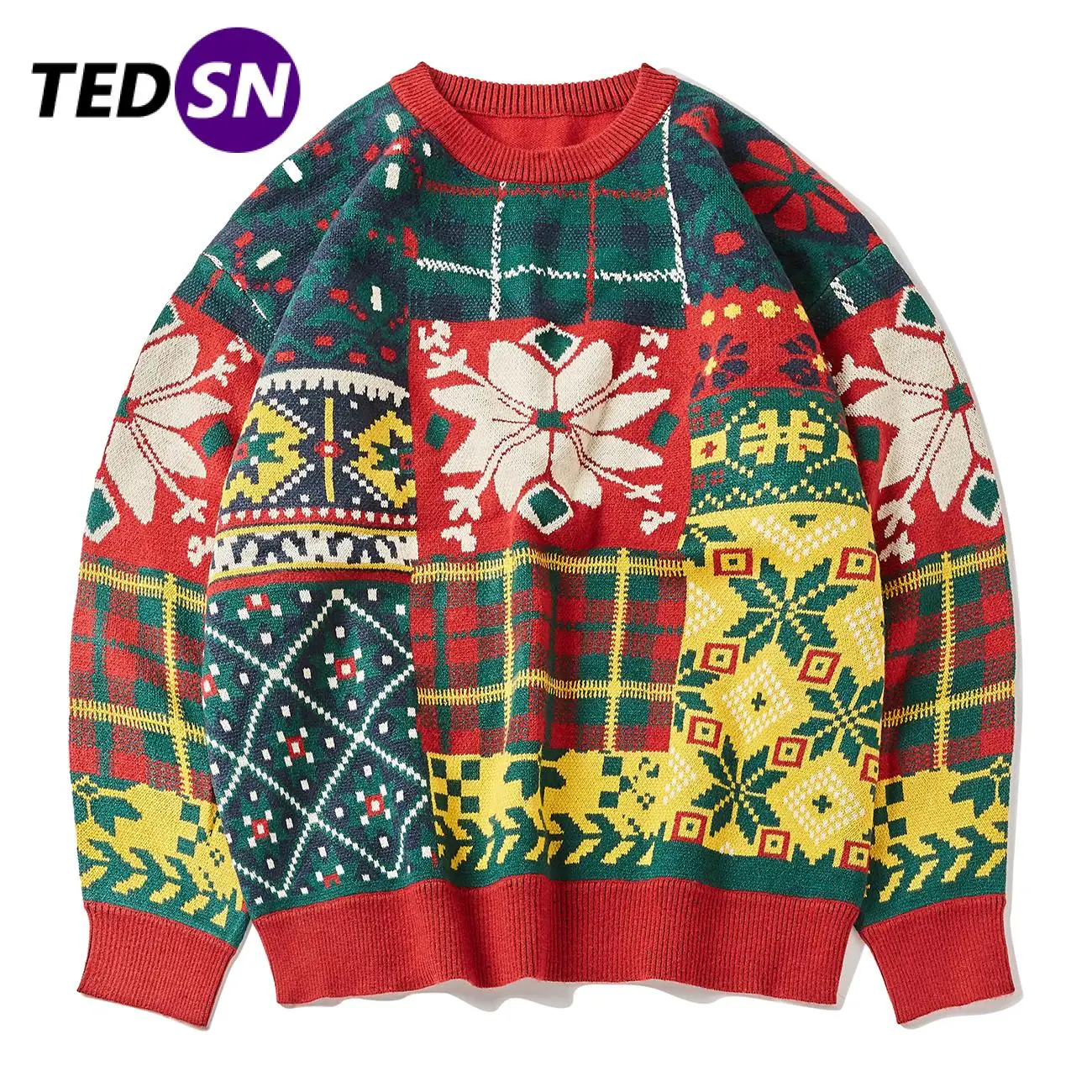 

Hip Hop Streetwear Knitted Sweater Mens 2021 Color Block Geometry Print Harajuku Sweater Oversized Cotton Loose Pullover Unsiex