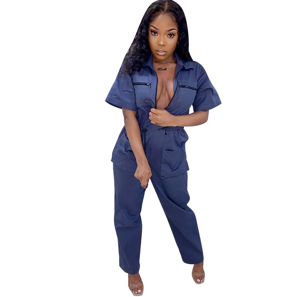 

Elastic Waist Pockets Rompers Womens Jumpsuit Turn Down Collar Short Sleeve Loose Bodysuits Streetwear One Piece Sporty Overall