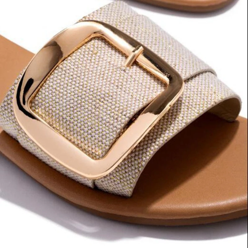 

Women Slippers Fashion Upper Buckle Decoration Female Shoes Flat Heel Open Toe Sandals Summer New Fashion Beach Outdoor Slides