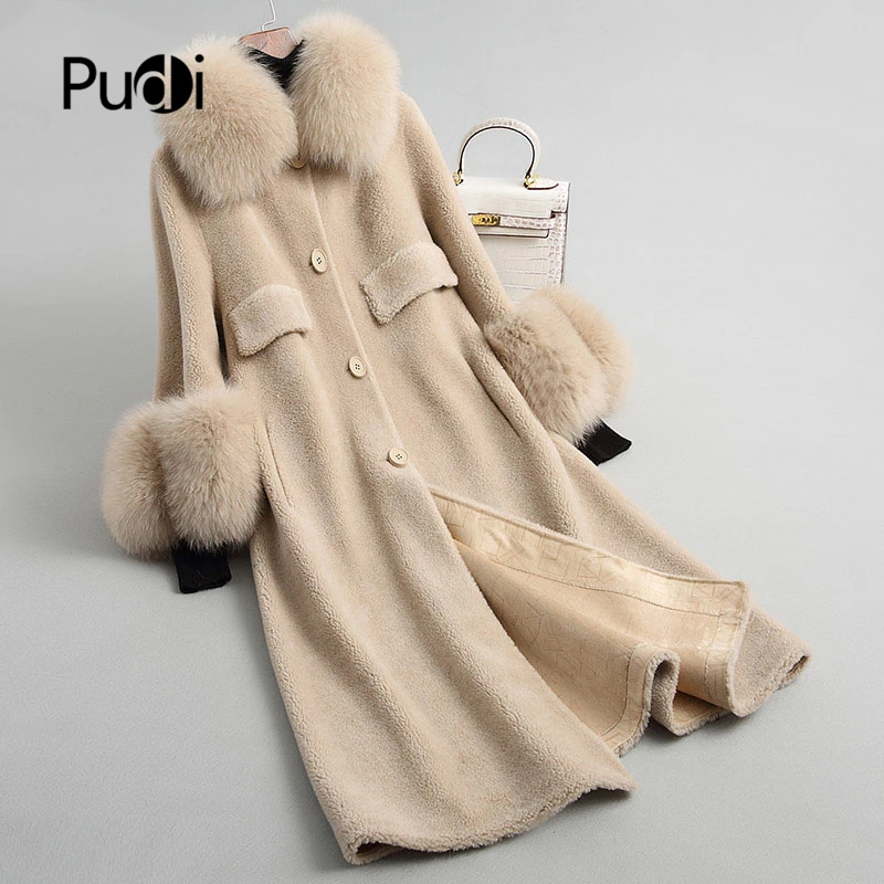 

PUDI Women's Winter Wool Warm Real Fox Fur Hood Coat Lady Real Wool Long Coat Jacket Over Size Parka A18120