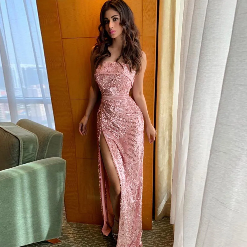 Женское вечернее платье без рукавов розовое блестящее платье-футляр с высоким