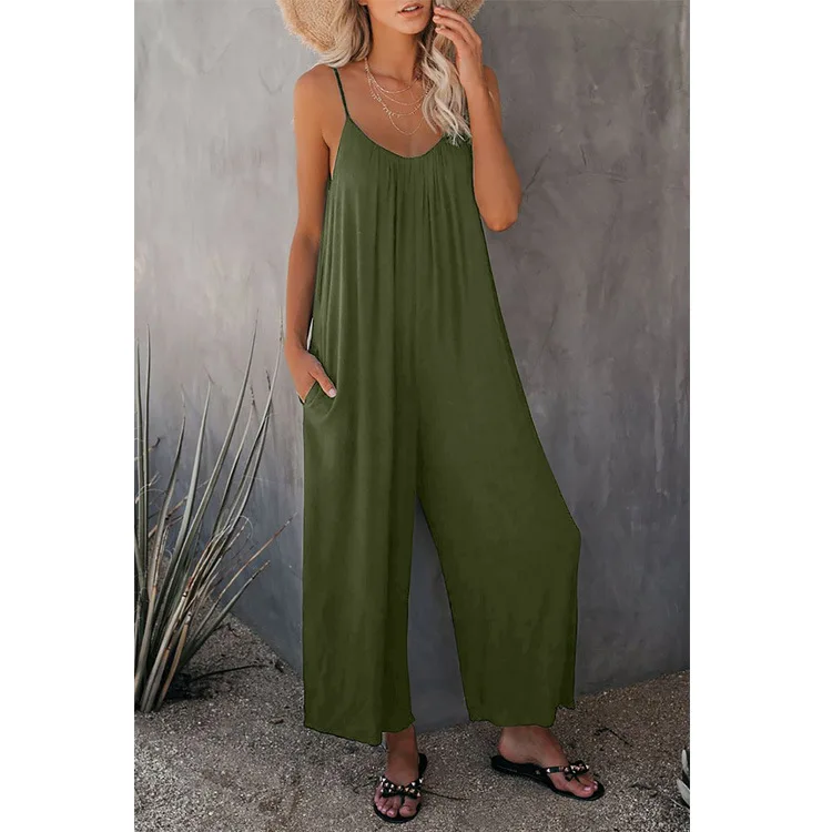 

Long Jumpsuits Women Sexy Sleeveless Straps Overalls 2021 Summer Wide Leg Long Trousers Solid Romper Casual Playsuits