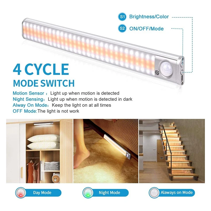 

160 LED Motion Sensor Under Cabinet Closet Night Light USB Rechargeable Wall-Mounted Induction Lamp 39.5cm Length